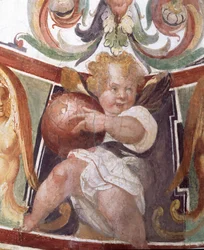 Francesco deMedici 1541-87-es stúdiólói tanulmánya egy földgömböt tartó puttót ábrázoló dekoráció részlete, 1564-75 freskó