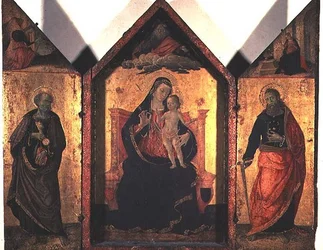 Madonna és gyermek Keresztelő Szent Jánossal és Péter apostollal (tempera és aranylevél a táblán)
