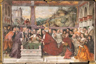 Guido of Monfort bíboros megnyitja a Szent bárkát, a Szent Iskolája