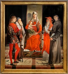 Madonna a kis Jézussal trónolt Szent Ansanus, Nagy Antal, Jeromos és Ferenc között