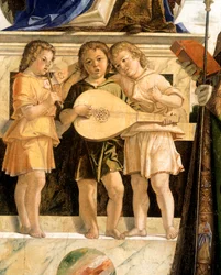 Madonna és gyermek, Keresztelő Szent Jánossal, Bartolomew-szal és Sebastiannal trónol, Bartolomeo Cincani, Il Montagna (1450-1523) néven. Részlet.