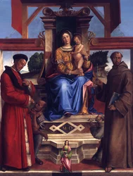 Trónon ülő Mária a Gyermekkel, Homobonus szenttel, Assisi Szent Ferenccel, Alexandriai Szent Katalinnal és a megrendelővel, Bernadino da Feltre-vel (meghalt 1494-ben)