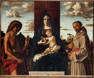 Szűz és gyermek Szent Ferenccel és Keresztelő Jánossal Montagna-ban, Bartolomeo (1449-1523). Olaj, fa, méret: 148x180, kb 1485, Fondazione Cini, Venezia
