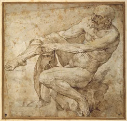 Meztelen férfi húzza a tömlőt Marcantonio Raimondi és Michelangelo Buonarroti után (toll és barna tinta papíron)