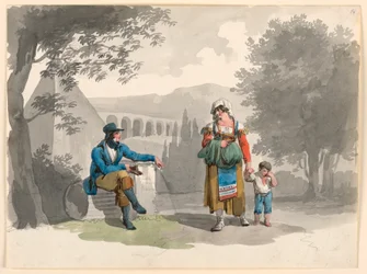 Rajz, Egy nő, aki egy kisfiút tart a kezében, miközben elhalad egy romok között ülő úriember mellett a Campagnán, 1807