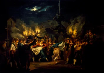Éjszakai tánc a Piazza Barberini téren aratás után, Bartolomeo Pinelli (1781-1835), Olaszország