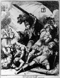 Orlando fadeszkát dob húsz fegyveres ellen, Bartolomeo Pinelli (1781-1835) illusztrációja Ludovico Ariosto (1474-1533) Orlando Furioso XIII. énekéhez.
