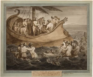 Telemachus és mentor egy gályában, miután elmenekült Calypso szigetéről, Telemachus kalandjaiból, 8. könyv