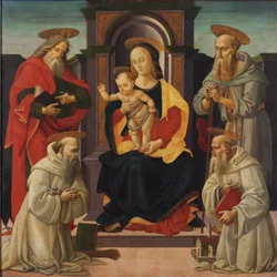 A Madonna és a gyermek trónol Szent János evangélistával és Jeromos szenttel, valamint két bencés szenttel.