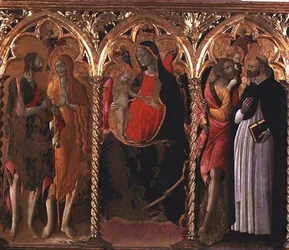 Triptichon: Madonna és gyermek (középpanel) Keresztelő Szent Jánossal, Szent Mária Magdolnával, Szent Kristóffal és Szent Domonkossal (tempera a panelen)