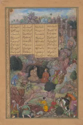 Sándor meglátogatja a bölcs Platónt hegyi barlangjában, Folio from a Khamsa..., 1597-98.