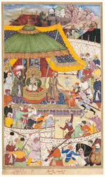 A fiatal Akbar császár letartóztatja a szemtelen Abul-Maali sahot, oldal az Akbarnama kéziratából, 1590-95 körül (fedetlen akvarell és arany, papír).