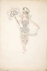 Jelmeztervezés legyezős hölgynek, 1890-99.