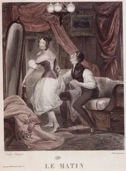 Reggel, Leon Mauduison metszete, a "Le Corset" című könyvből, Mirel kiadó, 1824-30 körül.