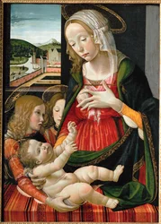 Madonna szoptatja a kis Jézust, angyalok veszik körül ... (festmény fára)