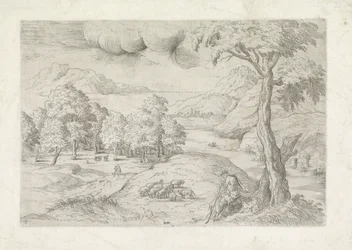 Panorámás táj romokkal, várossal és utazókkal Landschap találkozott pásztorral