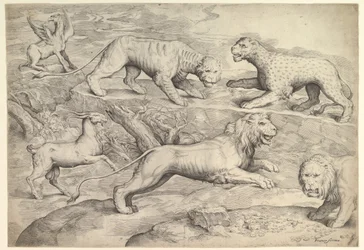 Hat állat, köztük oroszlán, tigris, leopárd, griff és kecske, kb. 1530-61.