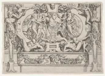 Egy nő mellszobra, két oldalán három nővel, kidolgozott keretben, kb. 1540-80.