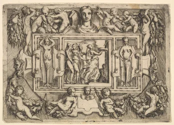 A kümeai szibilla jobbra sétál és egy tálcát cipel, majd három nő..., kb. 1540-80.