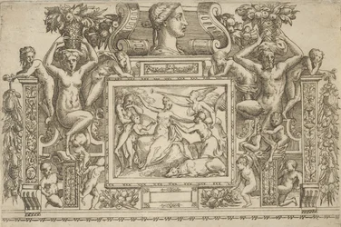 Kinyújtott karral ülő nő, a Hírnév megszemélyesítése trombitával a jobb oldalon,..., kb. 1540-80.