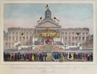 Díszzászló-osztás Brüsszelben 1832. szeptember 27-én (színes metszet)