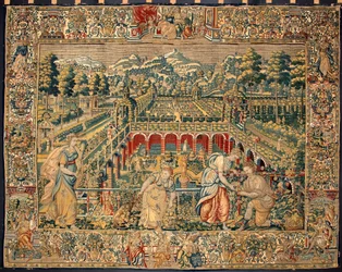Gyümölcsszüreti jelenet. A brüsszeli manufaktúrák gobelinje. 16. század Genezis, Musei di Strada Nuova