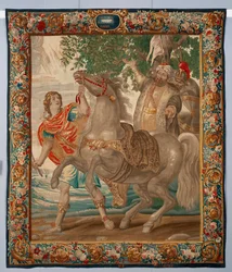 Nagy Sándor király megszelídíti Bucephale lovát. A brüsszeli manufaktúrában készült gobelin. 16. század Genezis, Musei di Strada Nuova
