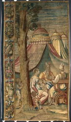 Moise Jethroval és Sephorával Dionys Martensz gobelinje Luca Cambiaso (1527-1584) 1561-1564 között a brüsszeli manufaktúrában készült kartonjai után Dim. 391x141,2 cm Genes, Musei di Strada Nuova