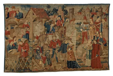 Szüretelőket ábrázoló gobelin Tournaiból, 1460-70 körül (gyapjú)