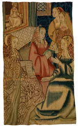 Öt hölgyet ábrázoló kárpittöredék, valószínűleg Brüsszelben, Belgiumban, 1500 körül (gyapjú)