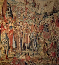 Dávid és Betsabee kárpitja: Joáb karjai. Jan Van Roome rajza alapján készült gobelin a brüsszeli műhelyekben. 16. századi Ecouen reneszánsz múzeum