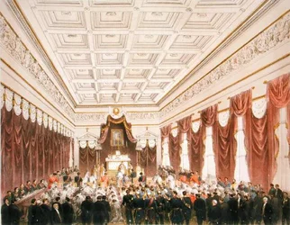 Maximilian Habsburg-Lotaringiai (1832-67) osztrák főherceg és Charlotte Saxe-Cobourg-Gotha (1840-1927) belga hercegnő házassága a Chateau de Bruxelles-ben 1857. július 21-én (színes litó)