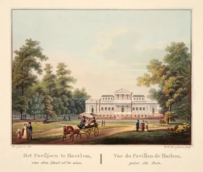A jaarlemi pavilon van den Houtból nézve. Vue du Pavillon de Harlem, Prize du Bois, 1825 (kézzel színezett metszet)