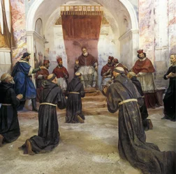 Assisi Szent Ferenc és a ferences közösség III. Innocentus pápa (1160-1216) jóváhagyta az első szabályt 1210-ben (freskó)