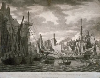 Kilátás a londoni Ratcliffe körzetre, az 1794. július 23-i tűzvész utáni romokkal
