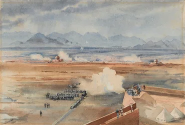 Az angol-egyiptomi helyőrség szudáni csapatai a dervisek elleni sikeres akció előtt Gemazihban, Suakinban, 1888. december 20. (akvarell)
