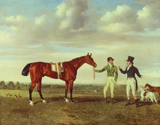 A Zinganee-t Sam Chifney Junior tartja kezében William Chifney úrral a Newmarketben, 1829 körül