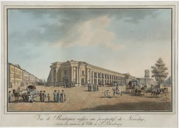 Nevsky Prospekt (perspektíva Nevski) a Nagy Gostiny Dvor és a városi duma közelében Szentpéterváron - Benjamin Paterssen (1748-1815). Rézkarc, akvarell, 1802 után. Szentpétervári Állami Történeti Múzeum