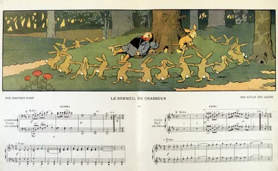 Nyulak egy álmos vadász körül – Jane Vieu „Les images en musique” című filmjében, illusztrálta: Benjamin Rabier (1864-1939)