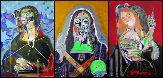 Triptichon Leonardo da Vinci után, 2019 (olaj, papír és akril 3 egymás melletti vászonra)