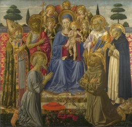 Madonna és gyermeke angyalokkal és szentekkel körülvéve. 1461-62