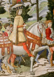 Lorenzo de Medici, a csodálatos 1449-92, mint a három királyok egyike, részlet a Mágusok utazása ciklusból a kápolnában, 1460 körüli freskórészlet a 70619-ből