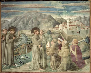 Szent Ferenc prédikál a madaraknak és megáldja Montefalcot, 1452