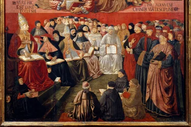 Aquinói Szent Tamás (1225-1274) diadala IV. Sixtus pápát (1414-1484) ábrázoló zsinat Aquinói Szent Tamás és Bonaventúra (akit beiktatta) jelenlétében. Benozzo di Lese di Sandro festménye Benozzo Gozznál
