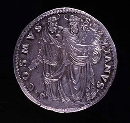 Ezüst érme hátlapja, amelyen SS Cosimo és Damien áll, és egymásra néznek. Felirat: S. COSMVS S. DAMIANVS, verték 1532-1537 (előlapját lásd: 108641)