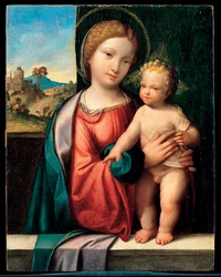 A Szűz és a gyermek (Madonna a gyermekkel) - Benvenuto Tisi da Garofalo (Il Garolafo) (1481-1559) festménye, olaj, fa, 47,5x37,5 cm