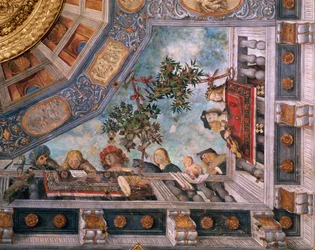 Hölgyek, zenészek és amorok az erkélyen, mennyezeti freskó részlete, Garofalo (1481-1559), Kincstár, Ludovico il Moro Palace vagy Costabili-palota, Ferrara, Olaszország