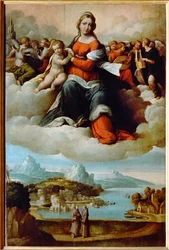 Madonna és gyermeke dicsőségben angyalokkal (festmény fára)