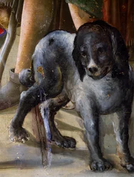 Kutya, részlet Jézus születése, 1470 körül, Benvenuto di Giovanni festménye, tempera a táblán