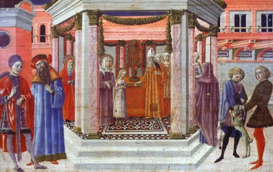 Mária bemutatása a templomban, Benvenuto di Giovanni (1436-1518) predella részlete